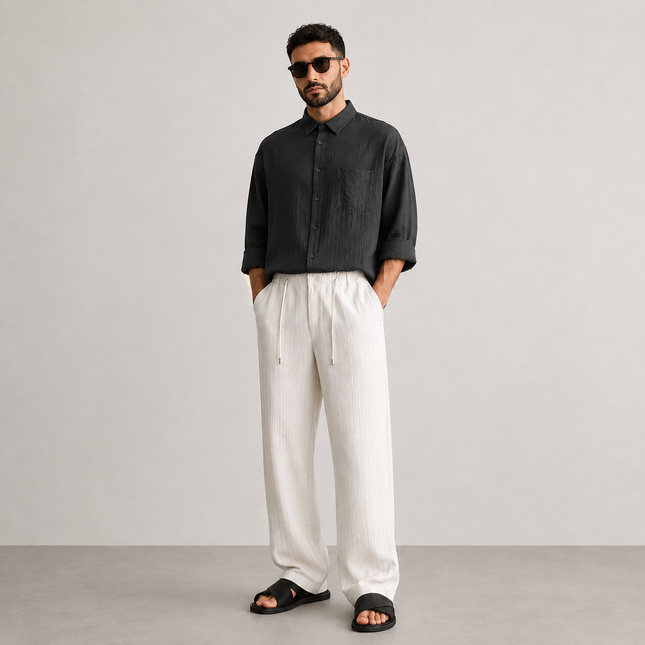 Keten Armürlü Regular Pantolon (Krem)