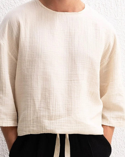 Yarım Kol Viskon Keten Tişört [BEJ]