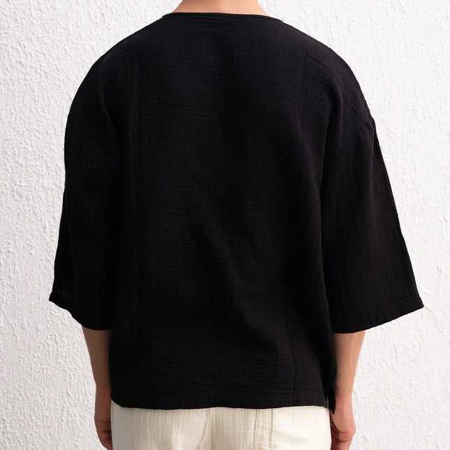 Yarım Kol Viskon Keten Tişört