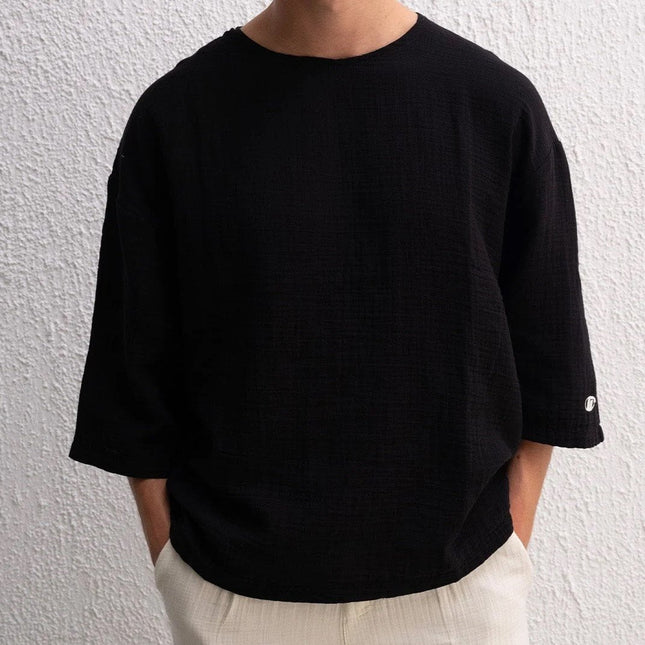 Yarım Kol Viskon Keten Tişört