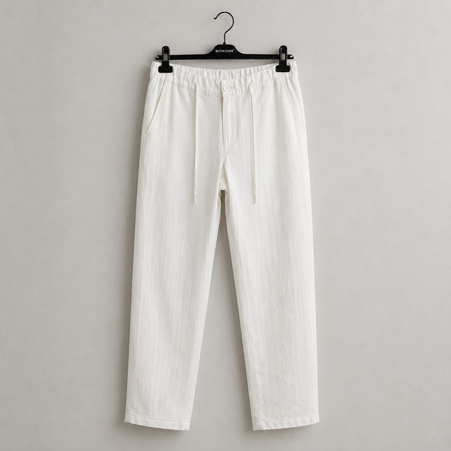 Keten Armürlü Regular Pantolon (Krem)