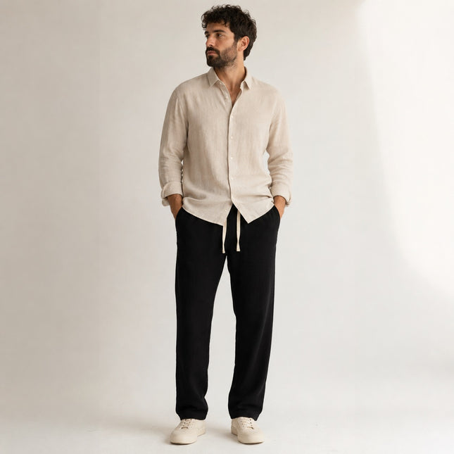 Nakışlı Keten Linen Pantolon (Siyah)