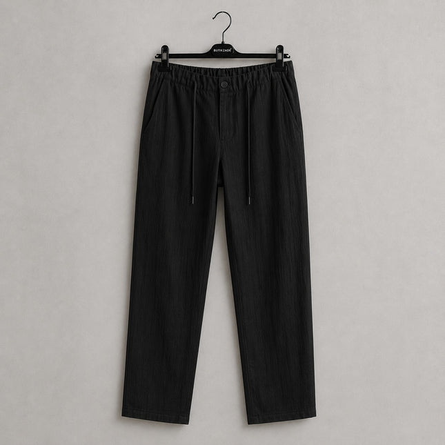 Keten Armürlü Regular Pantolon (Siyah)