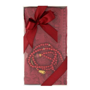 Hediyelik Şal Tesbih Seti Bordo