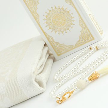 17x17x8 Cm Camlı Seccade Kuran-ı Kerim Tesbih Kutusu Krem