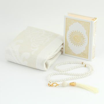 17x17x8 Cm Camlı Seccade Kuran-ı Kerim Tesbih Kutusu Krem