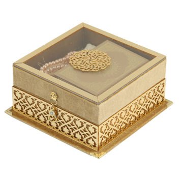 17x17x8 Cm Camlı Seccade Kuran-ı Kerim Tesbih Kutusu Gold