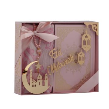 Azra Serisi Eid Mubarak Aksesuarlı Kuran-ı Kerim Seti Pembe - Bilgisayar Hatlı