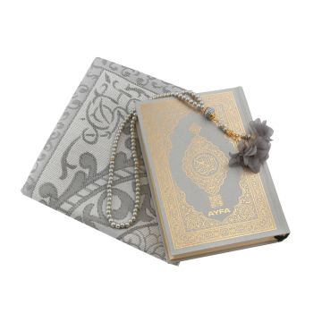 Azra Serisi Eid Mubarak Aksesuarlı Kuran-ı Kerim Seti Gri - Bilgisayar Hatlı