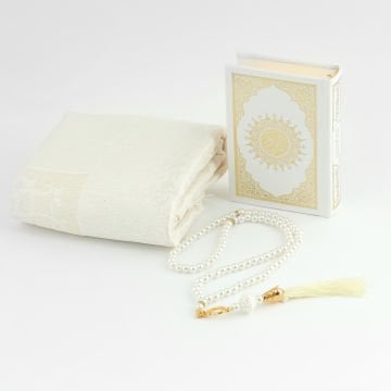 17x17x8 Cm Kadife Kaplı Seccade Kuran-ı Kerim Tesbih Kutusu Krem