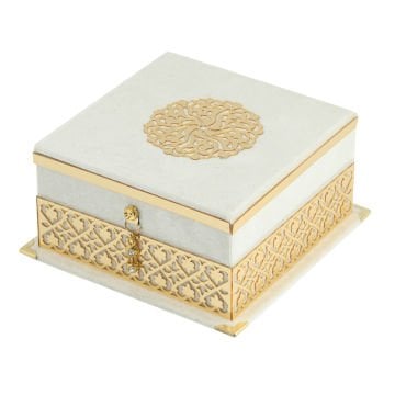 17x17x8 Cm Kadife Kaplı Seccade Kuran-ı Kerim Tesbih Kutusu Krem