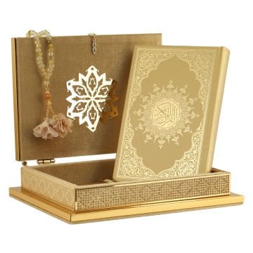 31x24x8 Cm Kadife Kuran-ı Kerim Tesbih Kutusu Gold