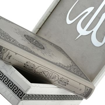 28x20 Cm Ahşap Çatlatma Kutulu Kuran-ı Kerim Seti Gri