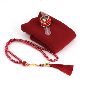 Asetat Çantalı Eşarp Zikirmatik Tesbih Seti Bordo