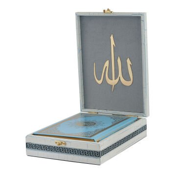 28x20 Cm Ahşap Çatlatma Kutulu Kuran-ı Kerim Seti Mavi