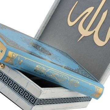 28x20 Cm Ahşap Çatlatma Kutulu Kuran-ı Kerim Seti Mavi