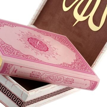 28x20 Cm Ahşap Çatlatma Kutulu Kuran-ı Kerim Seti Pembe