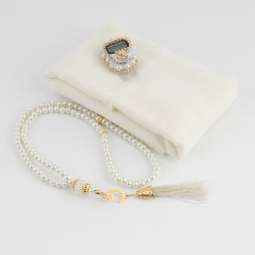 Asetat Çantalı Eşarp Zikirmatik Tesbih Seti Krem