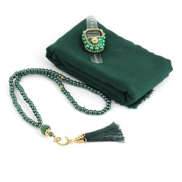 Asetat Çantalı Eşarp Zikirmatik Tesbih Seti Yeşil