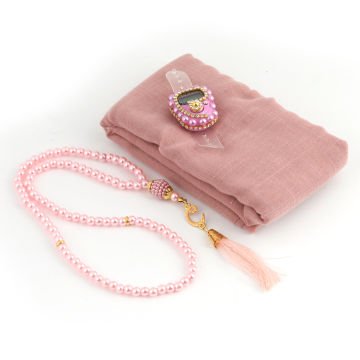 Asetat Çantalı Eşarp Zikirmatik Tesbih Seti Pembe