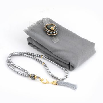 Asetat Çantalı Eşarp Zikirmatik Tesbih Seti Gri