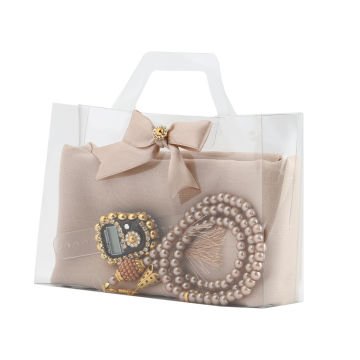 Asetat Çantalı Eşarp Zikirmatik Tesbih Seti Gold