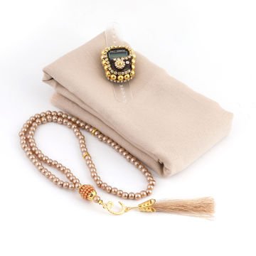 Asetat Çantalı Eşarp Zikirmatik Tesbih Seti Gold