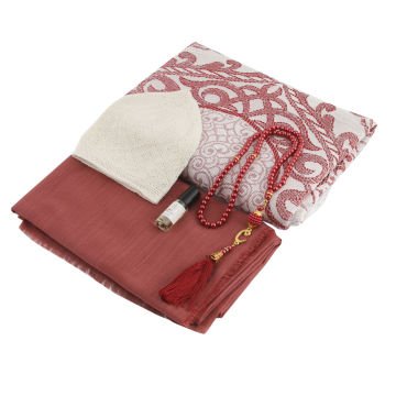 Hediyelik Seccade Eşarp Tesbih Takke Ve Esans Seti Bordo