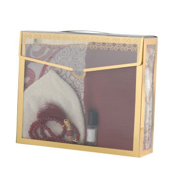 Hediyelik Seccade Eşarp Tesbih Takke Ve Esans Seti Bordo