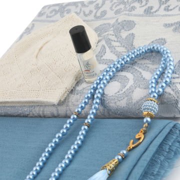 Hediyelik Seccade Eşarp Tesbih Takke Ve Esans Seti Mavi