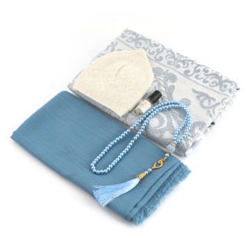 Hediyelik Seccade Eşarp Tesbih Takke Ve Esans Seti Mavi