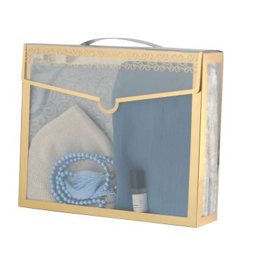 Hediyelik Seccade Eşarp Tesbih Takke Ve Esans Seti Mavi