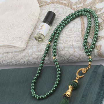 Hediyelik Seccade Eşarp Tesbih Takke Ve Esans Seti Yeşil