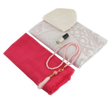 Hediyelik Seccade Eşarp Tesbih Takke Ve Esans Seti Pembe