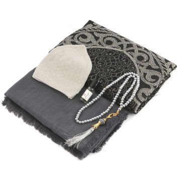 Hediyelik Seccade Eşarp Tesbih Takke Ve Esans Seti Gri