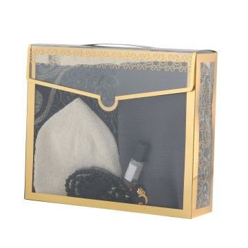 Hediyelik Seccade Eşarp Tesbih Takke Ve Esans Seti Gri