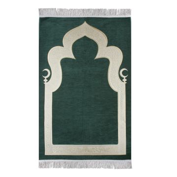 Hilalli Mihrap Desenli Lüks Saçaklı Şönil Seccade Yeşil