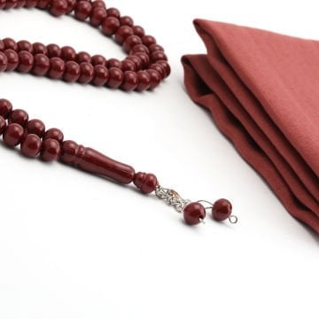 Hediyelik Eşarp Tesbih Tül Kese Seti Bordo