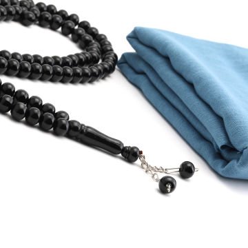 Hediyelik Eşarp Tesbih Tül Kese Seti Mavi