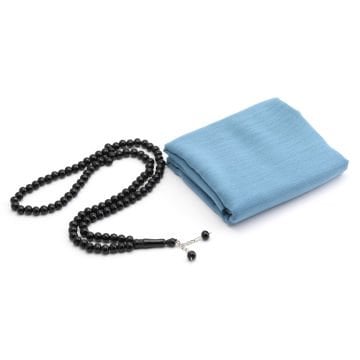 Hediyelik Eşarp Tesbih Tül Kese Seti Mavi