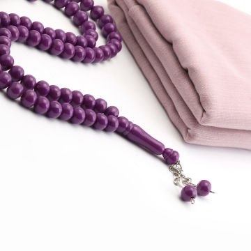 Hediyelik Eşarp Tesbih Tül Kese Seti Pembe