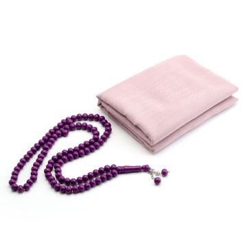 Hediyelik Eşarp Tesbih Tül Kese Seti Pembe