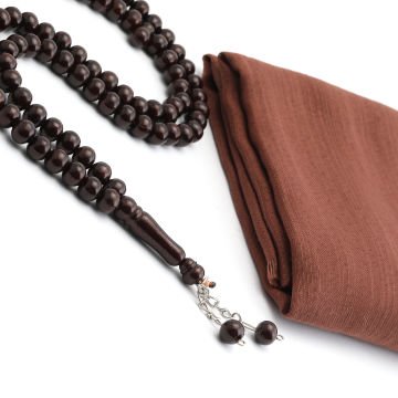 Hediyelik Eşarp Tesbih Tül Kese Seti Kahverengi