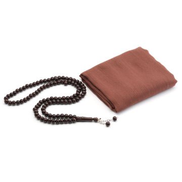 Hediyelik Eşarp Tesbih Tül Kese Seti Kahverengi