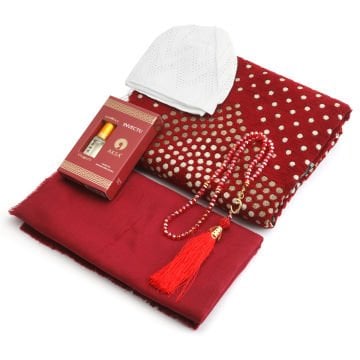 Hediyelik Seccade Eşarp Tesbih Takke Ve Esans Seti Bordo