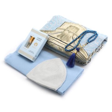 Hediyelik Seccade Eşarp Tesbih Takke Ve Esans Seti Mavi