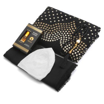 Hediyelik Seccade Eşarp Tesbih Takke Ve Esans Seti Siyah