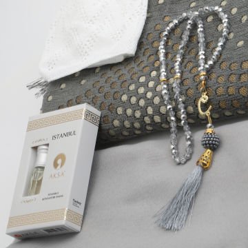 Hediyelik Seccade Eşarp Tesbih Takke Ve Esans Seti Gri