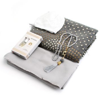 Hediyelik Seccade Eşarp Tesbih Takke Ve Esans Seti Gri