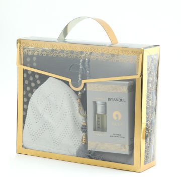 Hediyelik Seccade Eşarp Tesbih Takke Ve Esans Seti Gri